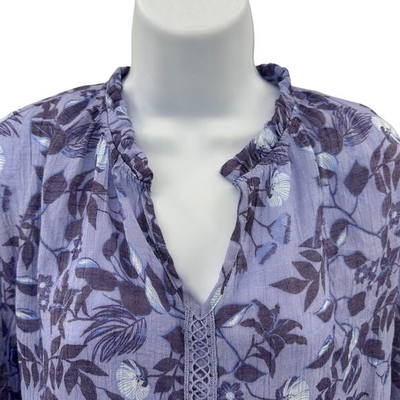 Como Blue Blouse Womens M Purple Floral 3/4 Sleeve Cinch Tie Waist Split V-Neck - Picture 3 of 9